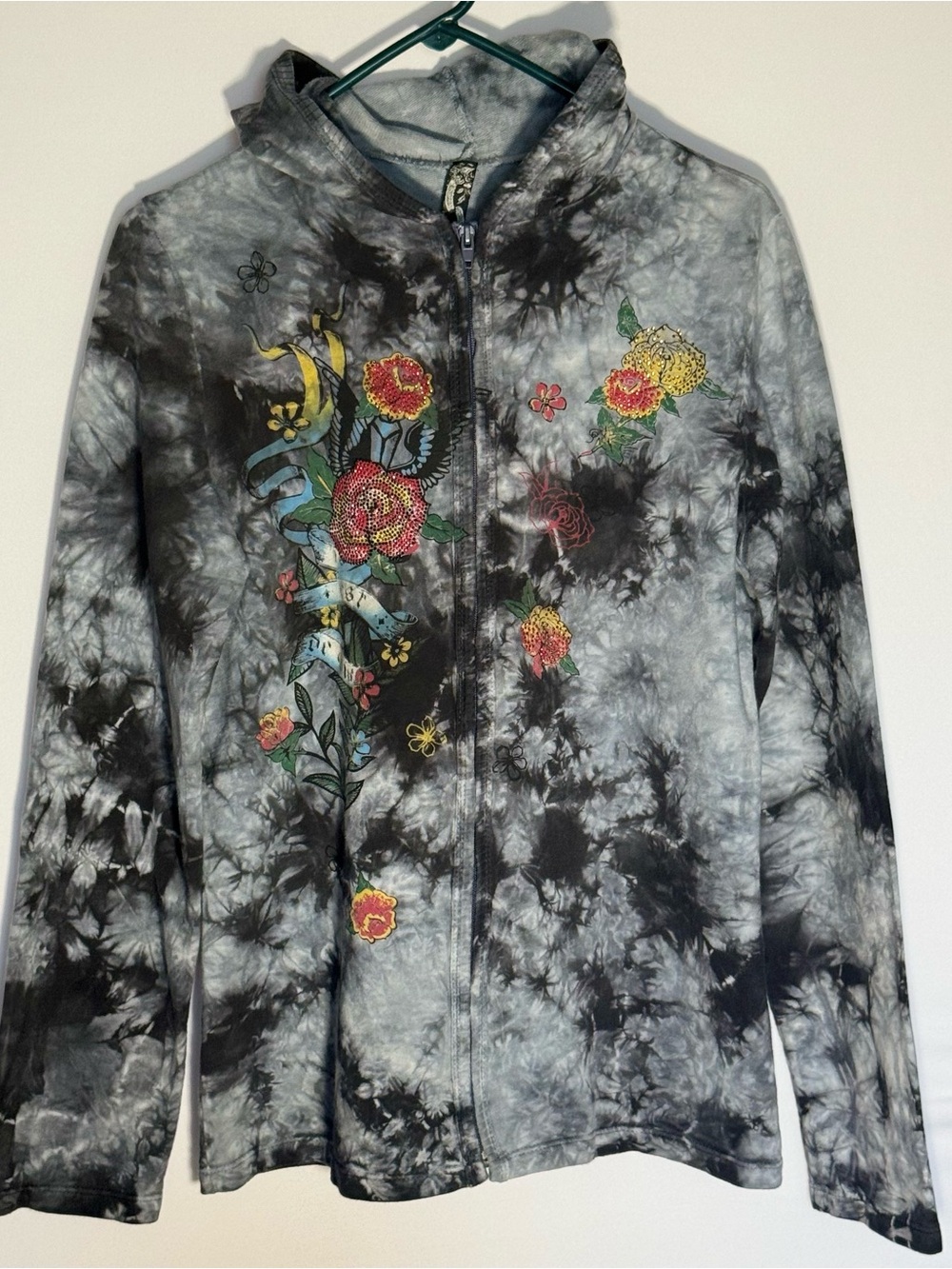 Vanilla Sugar Vintage Y2K Black & Gray Bling Floral Zip Hoodie USA Made Skater